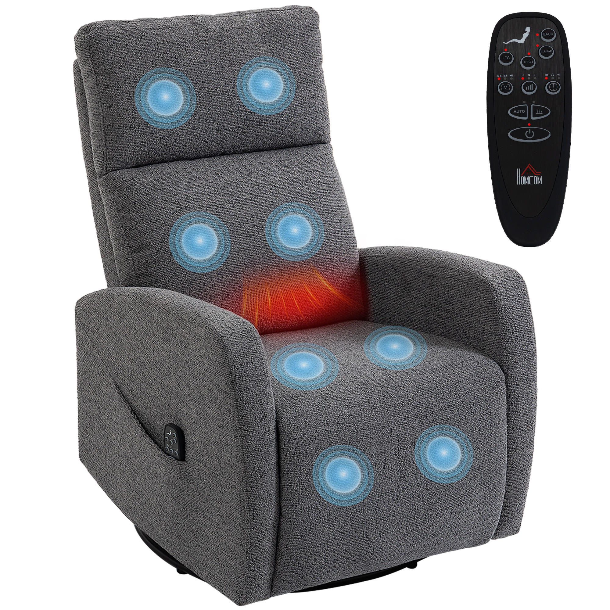 MASSESESSEL Dunkelgrau mit Massagefunktion, Wärmefunktion und Liegefunktion 97/73,5/108 cm - Dunkelgrau, Textil (97/108/73.5cm) - PANGIVO