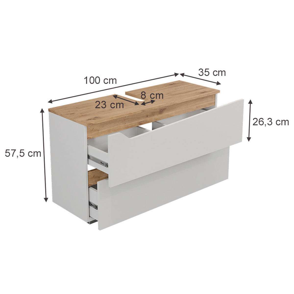 WASCHBECKENUNTERSCHRANK Marelle, Weiß/Artisan-Eiche, 100 x 57.5 cm mit 2 Schubladen - Weiß/Eiche Artisan, Holzwerkstoff (100/57.5/35cm) - Vicco