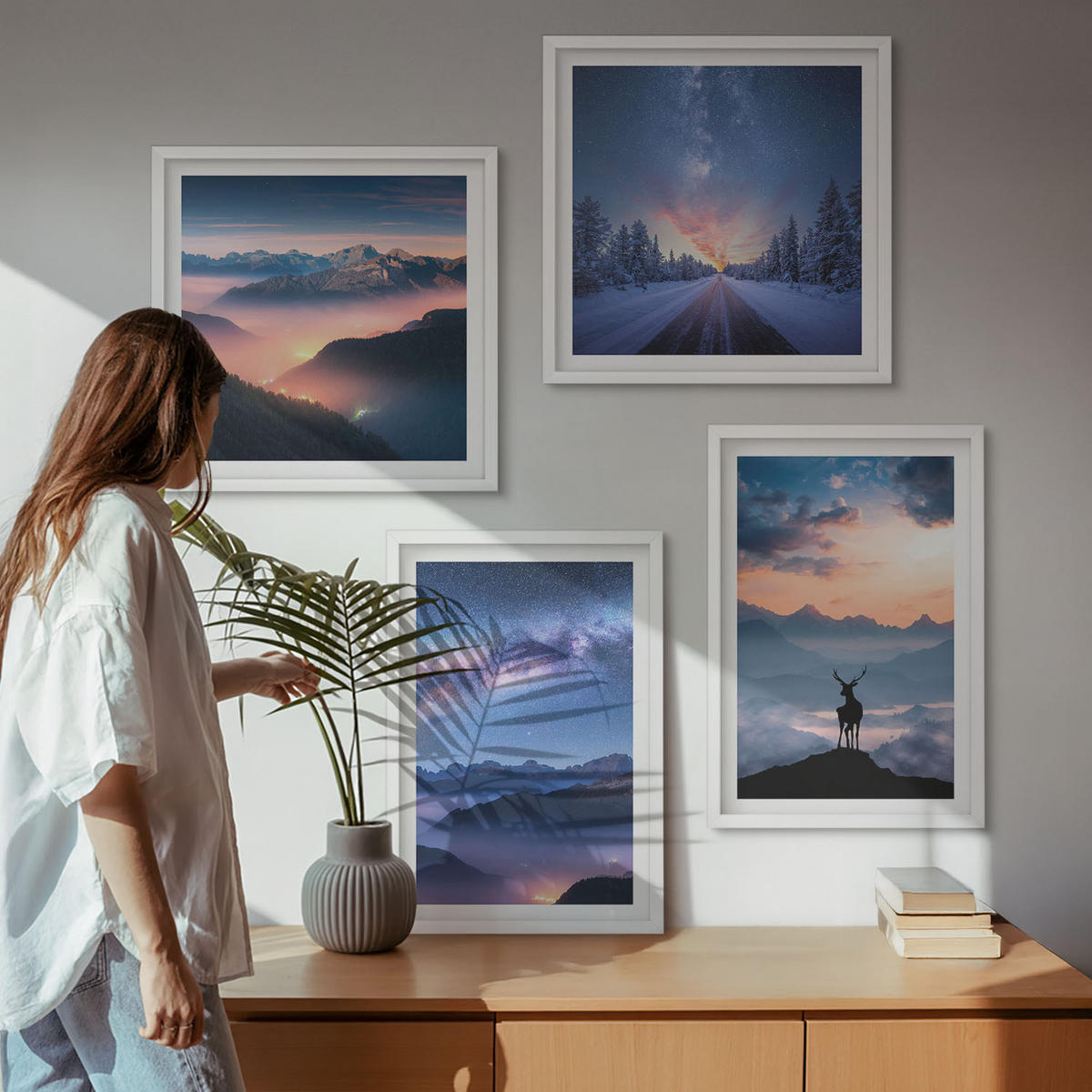 BILDER SET 4er Set - 50x50 cm & 40x60 cm Weißer Rahmen - Nachthimmel Berge Nebel Hirsch - Weiß, Kunststoff (50/50cm) - TULUP