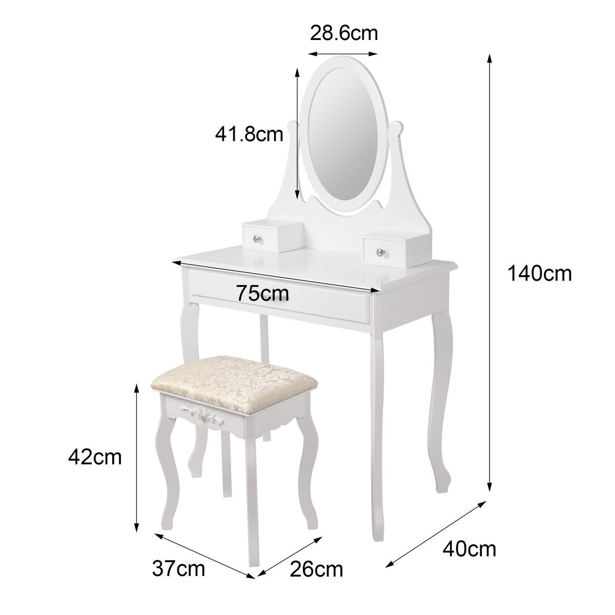 SCHMINKTISCH rechteckig Weiß 75/140/40 cm - Weiß Hochglanz, Holzwerkstoff (40/140/75cm) - ML-DESIGN
