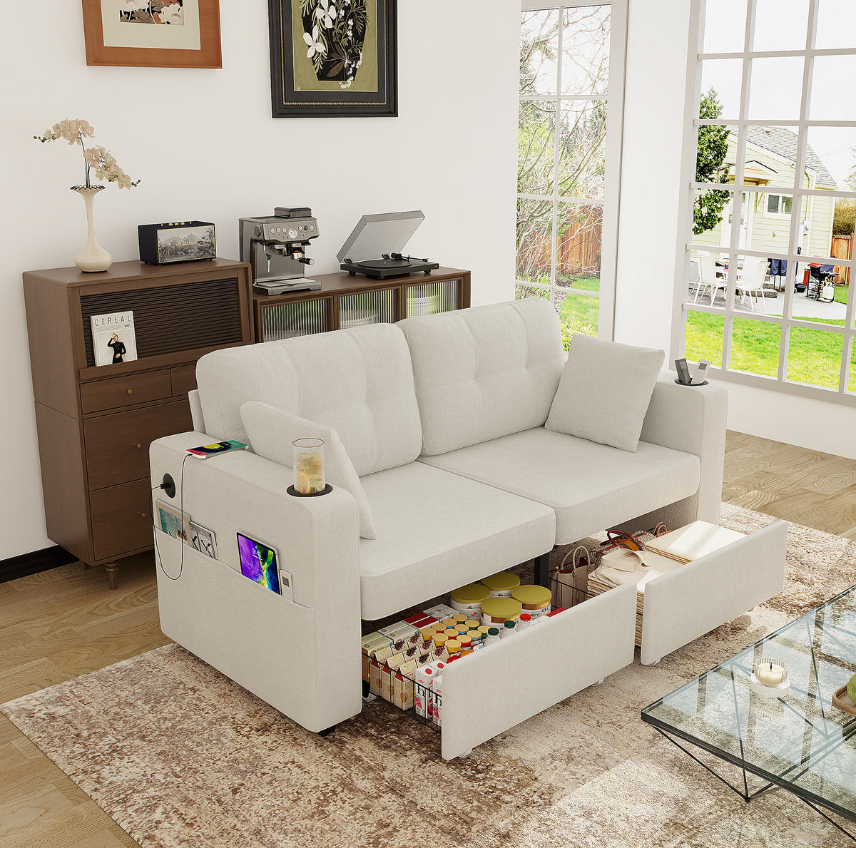 2-SITZER-SOFA 172/75/82 cm mit USB-Anschlüssen, Stauraumschubladen und Getränkehaltern, Chenille, Beige - Beige, Textil (172/82/75cm) - Redom