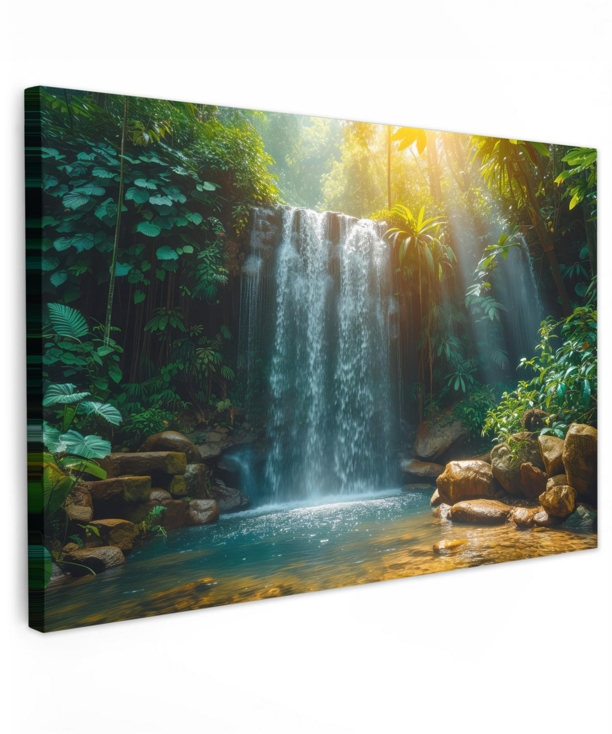 LEINWANDBILD Wasserfall - Dschungel - Sonne - Grün - Natur Wohnzimmer 120x80 cm - Grün, Textil (120/80cm) - MuchoWow