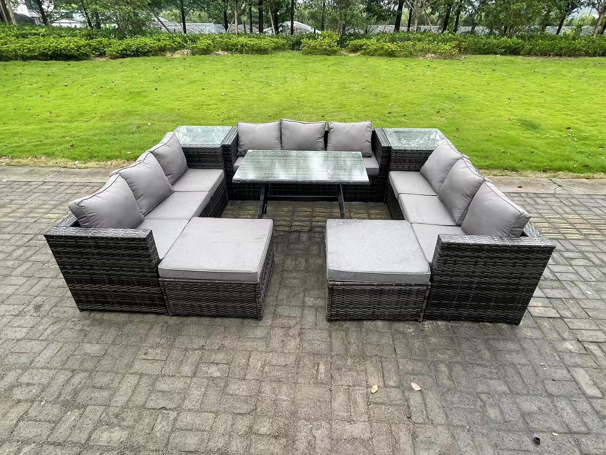 GARTENMÖBELSET mit 2 Beistelltisch 11-Sitzer Grau - Dunkelgrau/Grau, Glas/Kunststoff - Fimous