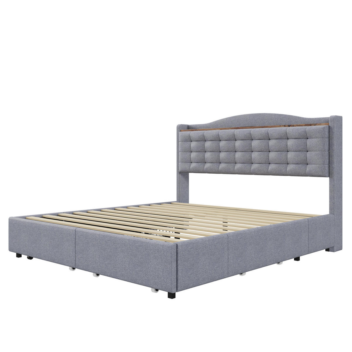 POLSTERBETT 140/200 cm mit USB-Ladeanschluss, Ablage und 4 Schubladen, grauer Leinenstoff - Grau, Textil (140/200cm) - Redom