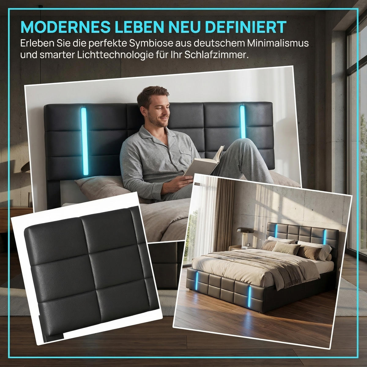 DOPPELBETT 140/200 cm mit LED-Beleuchtung,Kunstleder - Schwarz, Holz (140/200cm) - PARAFTA HOME