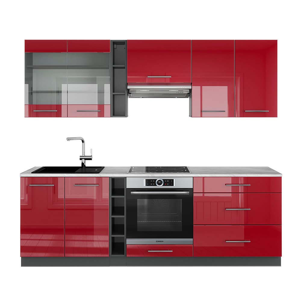 KÜCHENZEILE Fame-Line Bordeaux Hochglanz/Anthrazit 235 cm, AP Marmor - Bordeaux/Anthrazit, Holzwerkstoff (235/81.6/60cm) - Vicco