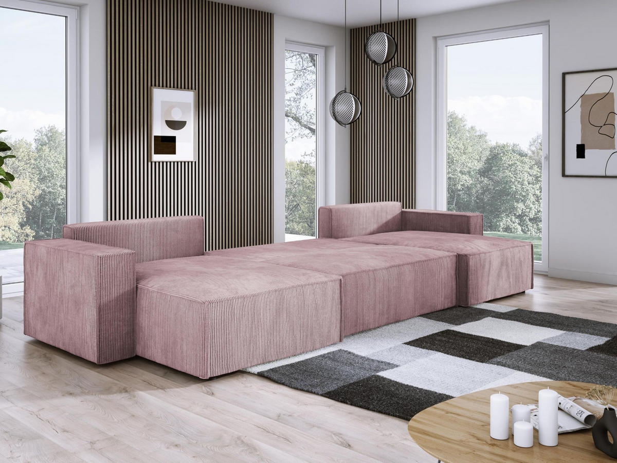 ECKSOFA Poso XXL U-förm, Schlaffunktion, weiche Kissen, Bettkasten, hochwertige Polsterung, lose Rückenkissen, freistehend, 377x143x83 cm Pink - Pink, Holz/Textil (377/83/143cm) - DomoHome