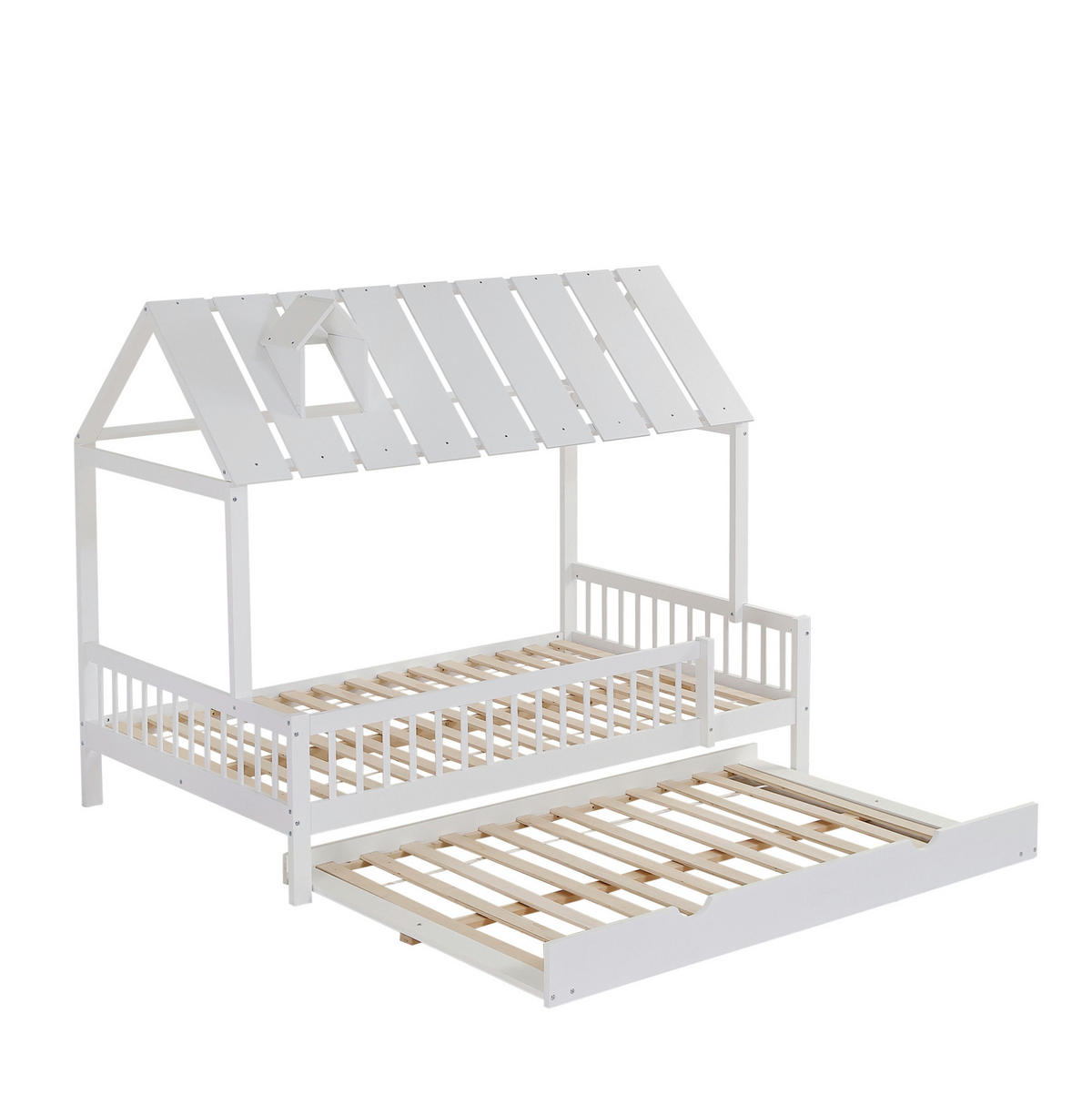 KINDERBETT 120/200 cm mit Rollbett, Dach und 3-seitigem Gitter, Weiß - Weiß, Holzwerkstoff (120/200cm) - Redom