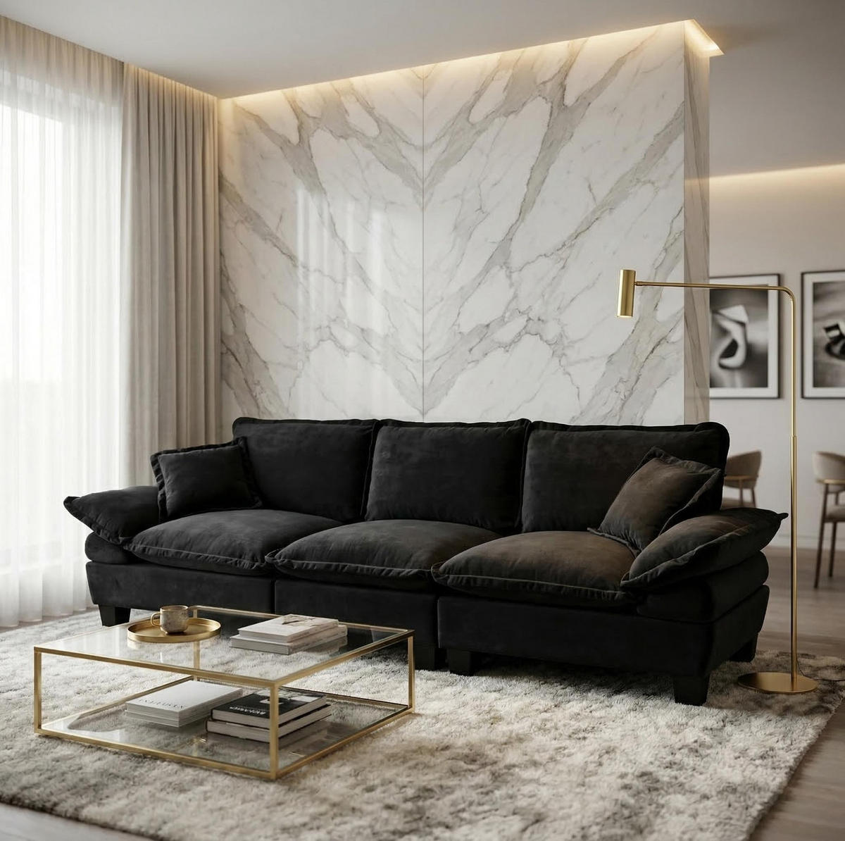 SOFA 3-Sitzer Modulsofa 263 x 82 x 90 cm Chenille Schwarz - Schwarz, Holzwerkstoff (82/90/263cm) - Meubliv