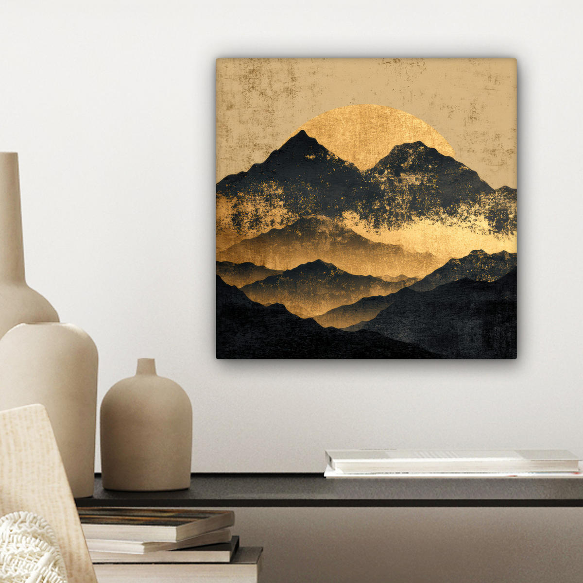 LEINWANDBILD Goldene Berge bei Mondschein Deko Wohnzimmer 20x20 cm - Goldfarben, Textil (20/20cm) - MuchoWow