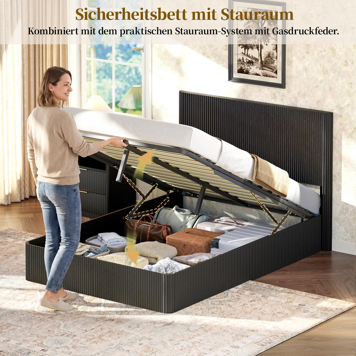 BETT 140/200 cm in Schwarz mit Stauraum und Lift-System - Schwarz, Holzwerkstoff/Metall (140/200cm) - WISHDOR