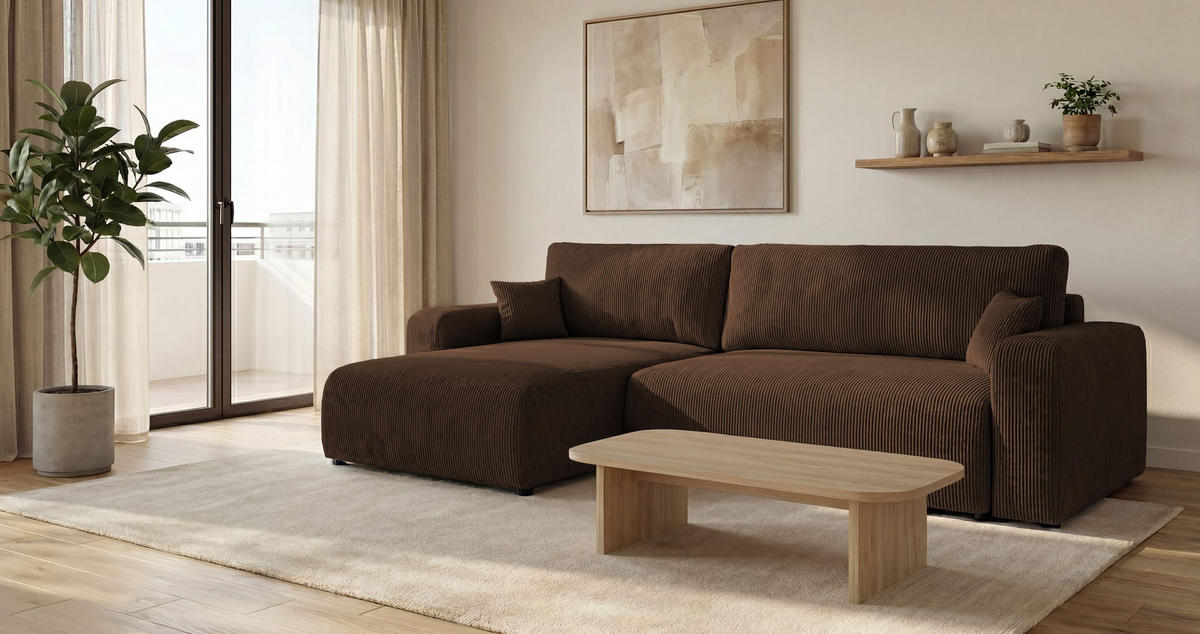 ROHOVÁ pohovka BERLIN levá hnědá manšestr Poso 6 - funkce spaní, úložný prostor - hnědá, textil (285/185cm) - Cornero