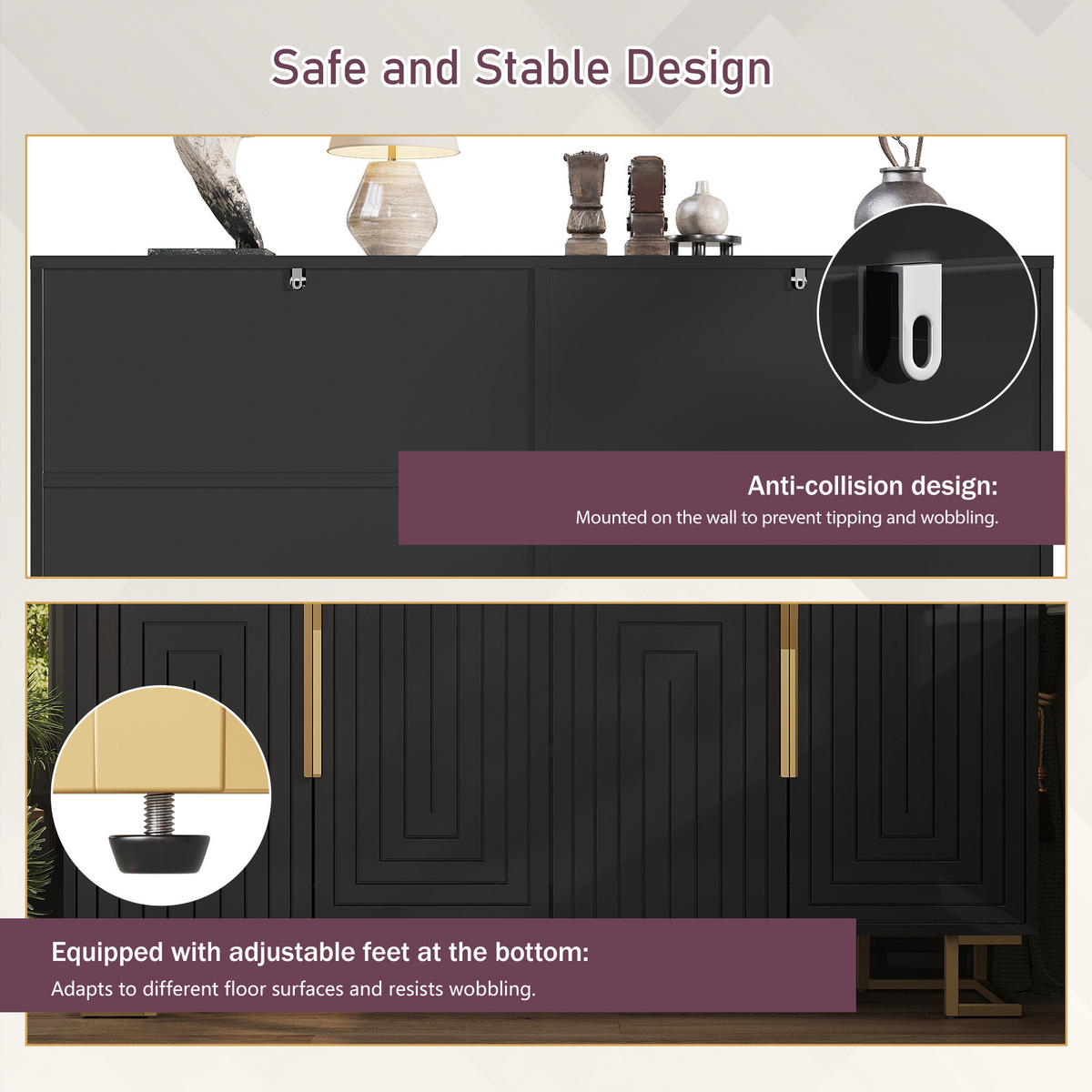 SIDEBOARD Schwarz, 4 Türen mit Innenfächern, geriffelten Fronten und goldfarbenem Gestell, 152/40/75 cm - Schwarz, Holzwerkstoff (152/75/40cm) - WISHDOR