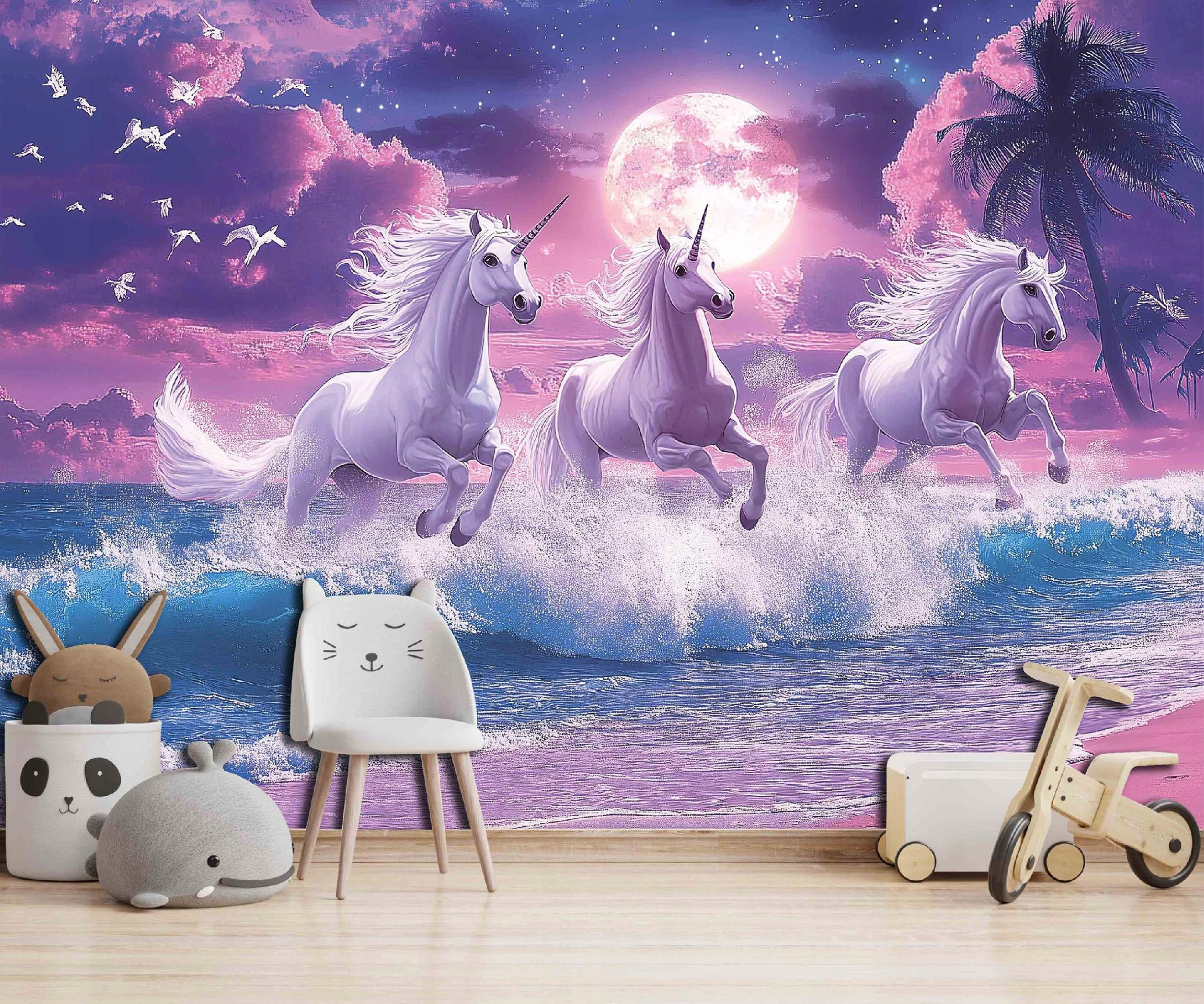 FOTOTAPETE Kinderzimmer Einhorn Pferde 350x250 - Multicolor, Papier (350/250cm) - Wallarena