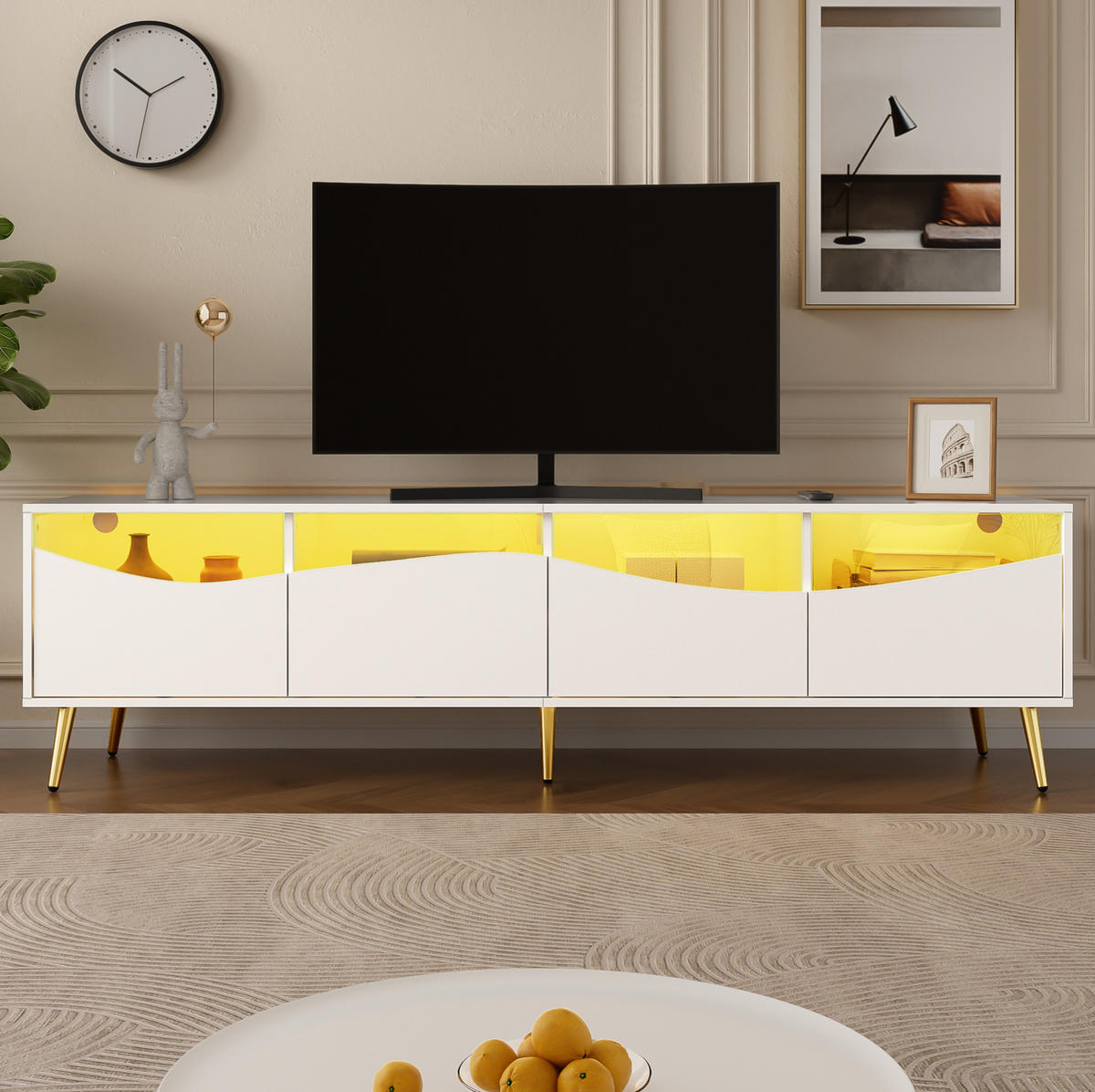 TV-SCHRANK in Weiß mit Glasfronten, LED und goldfarbenen Metallfüßen 180/40/50 cm - Weiß, Holzwerkstoff (180/50/40cm) - Redom