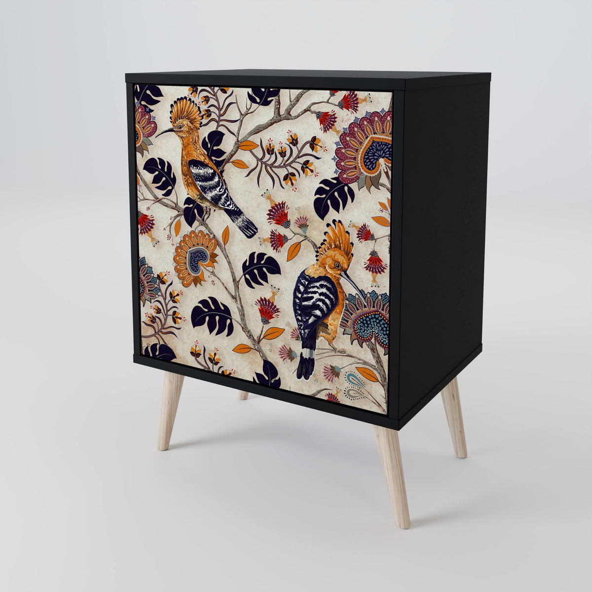 SIDEBOARD EMINENT HOOPOE, Schwarz, 57,5x42x75,5 cm, Goldfarbene Metallfüße - Goldfarben/Multicolor, Holzwerkstoff/Metall (57.5/75.5/42cm) - SpaceRebels