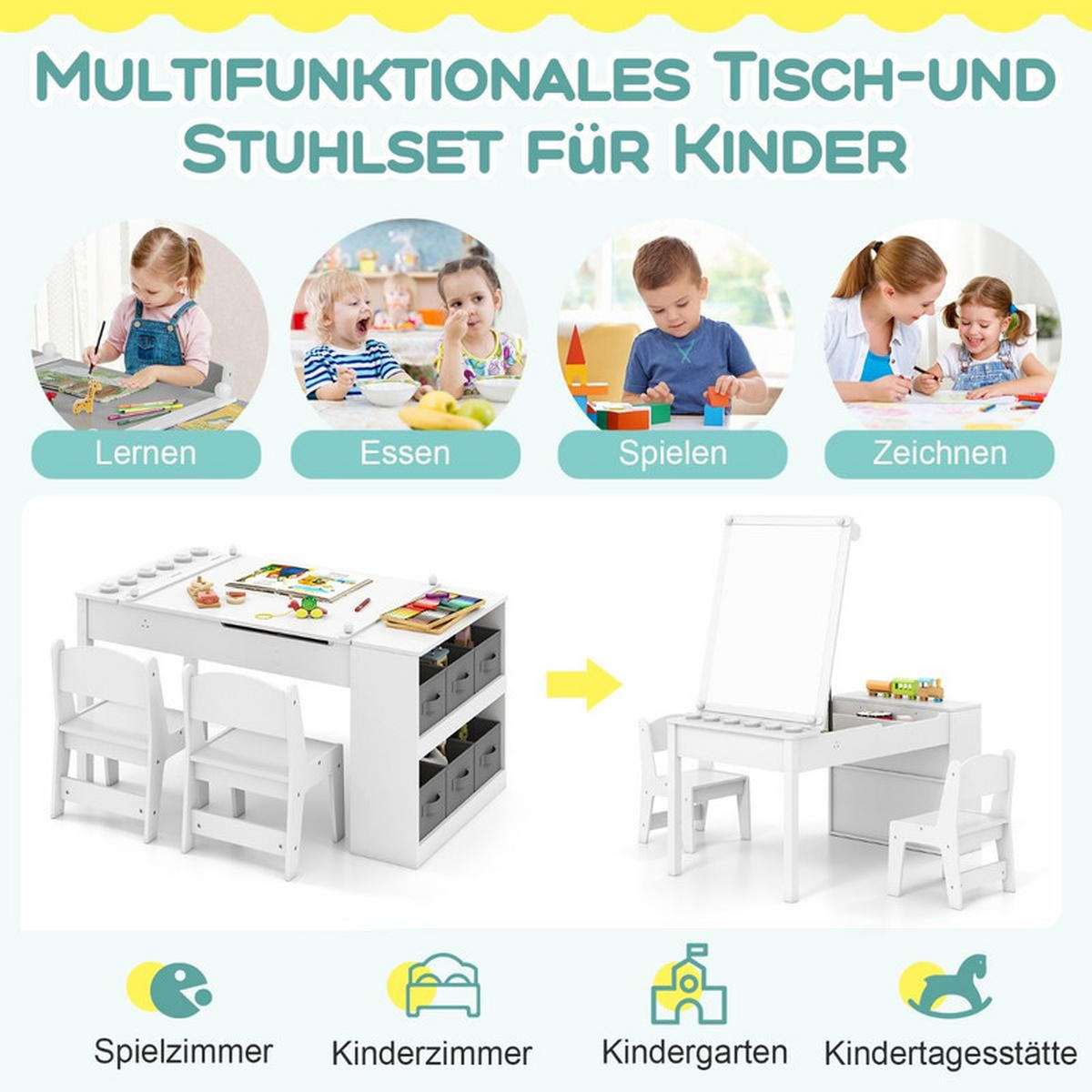 KINDERTISCH mit Stuhl weiß(3-tlg) - Weiß, Holzwerkstoff (109/55/60cm) - COSTWAY