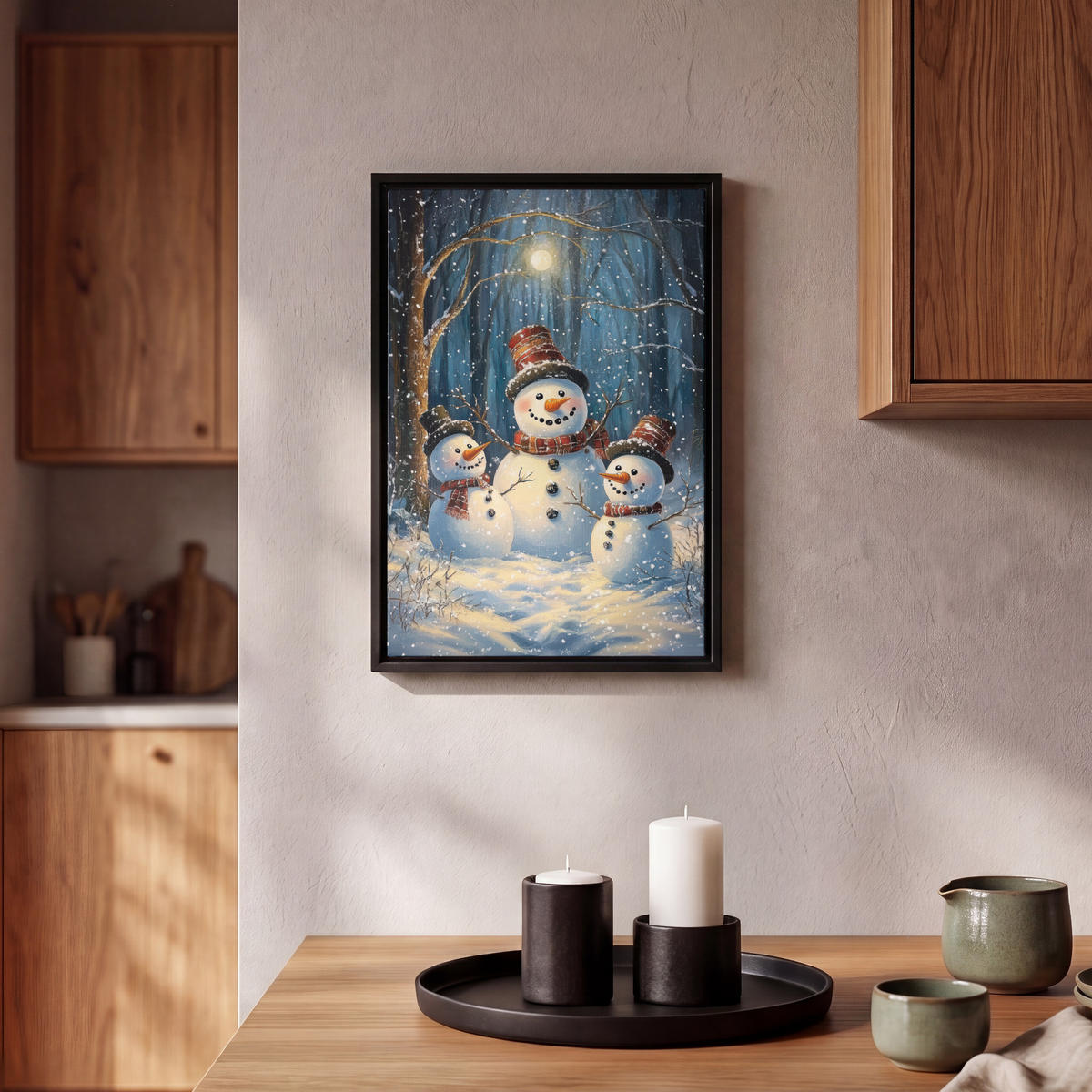 LEINWAND Bilder mit Rahmen - Schneemann - Schnee - Winter - Wald - 20x30 - Hellblau, Textil (20/30cm) - MuchoWow