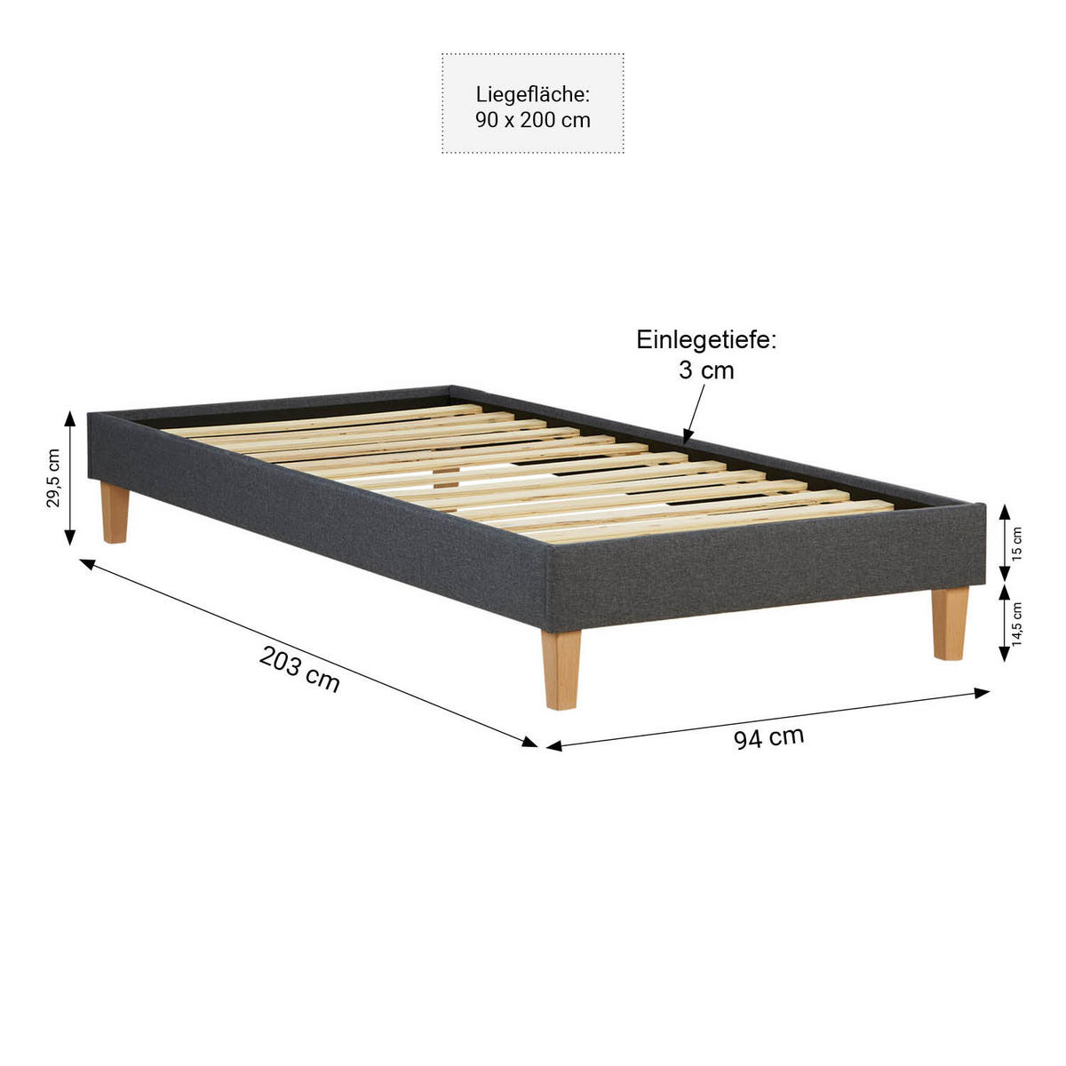 POLSTERBETT mit Lattenrost 90/200 cm in Grau - Grau, Textil (90/200cm) - Homestyle4u