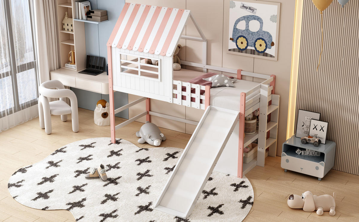 HAUSBETT 90/200 mit Sicherheitsleiter, Rutsche und Staufächern in Rosa - Rosa, Holzwerkstoff (90/200cm) - EVRYAE