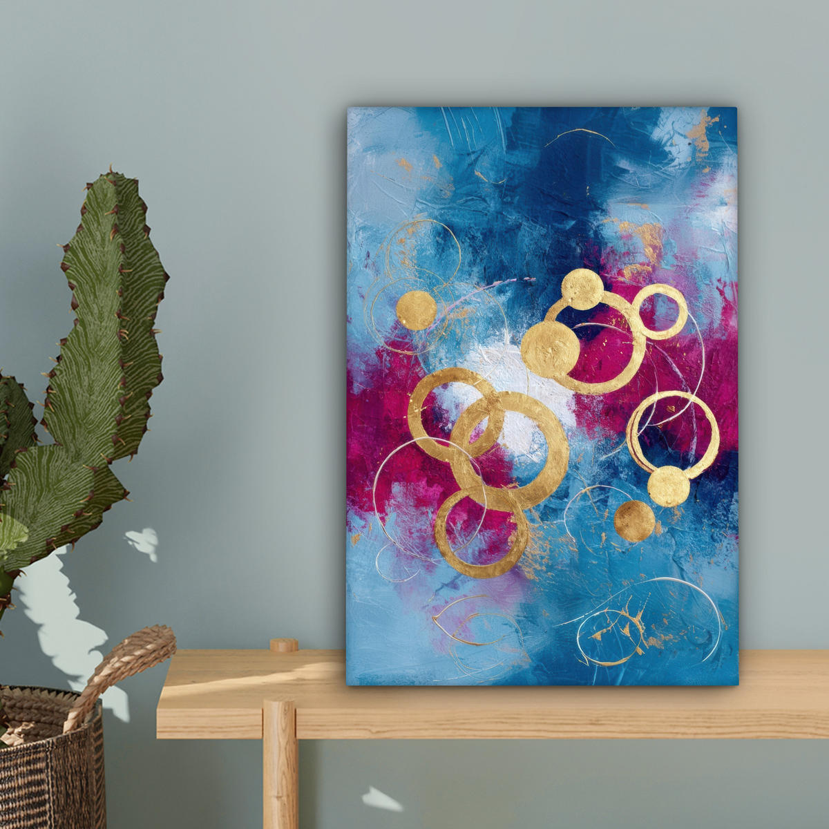 LEINWANDBILD Kreise - Gold - Abstrakt Deko Wohnzimmer 20x30 cm - Blau, Textil (20/30cm) - MuchoWow