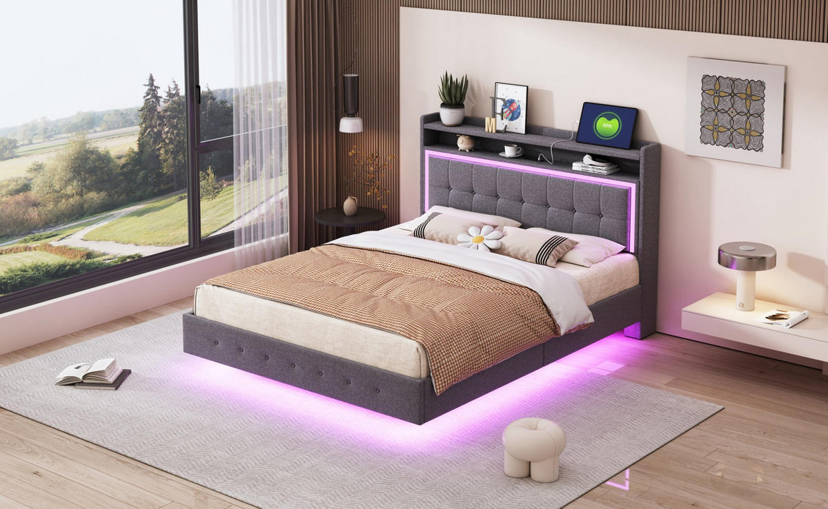 POLSTERBETT 140/200 cm grau aus Stoff mit USB-Steckdose und LED - Grau, Textil (140/200cm) - OKMYHOME