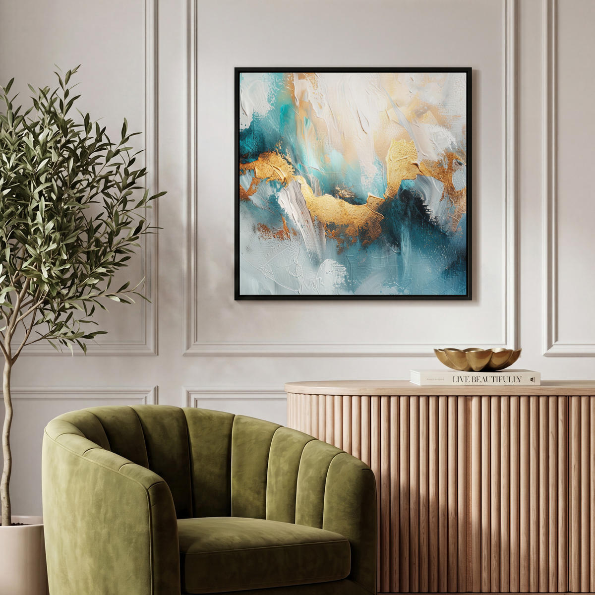 LEINWAND Bilder mit Rahmen - Abstrakt - Kunst - Gold - Blau - 50x50 - Petrol, Textil (50/50cm) - MuchoWow