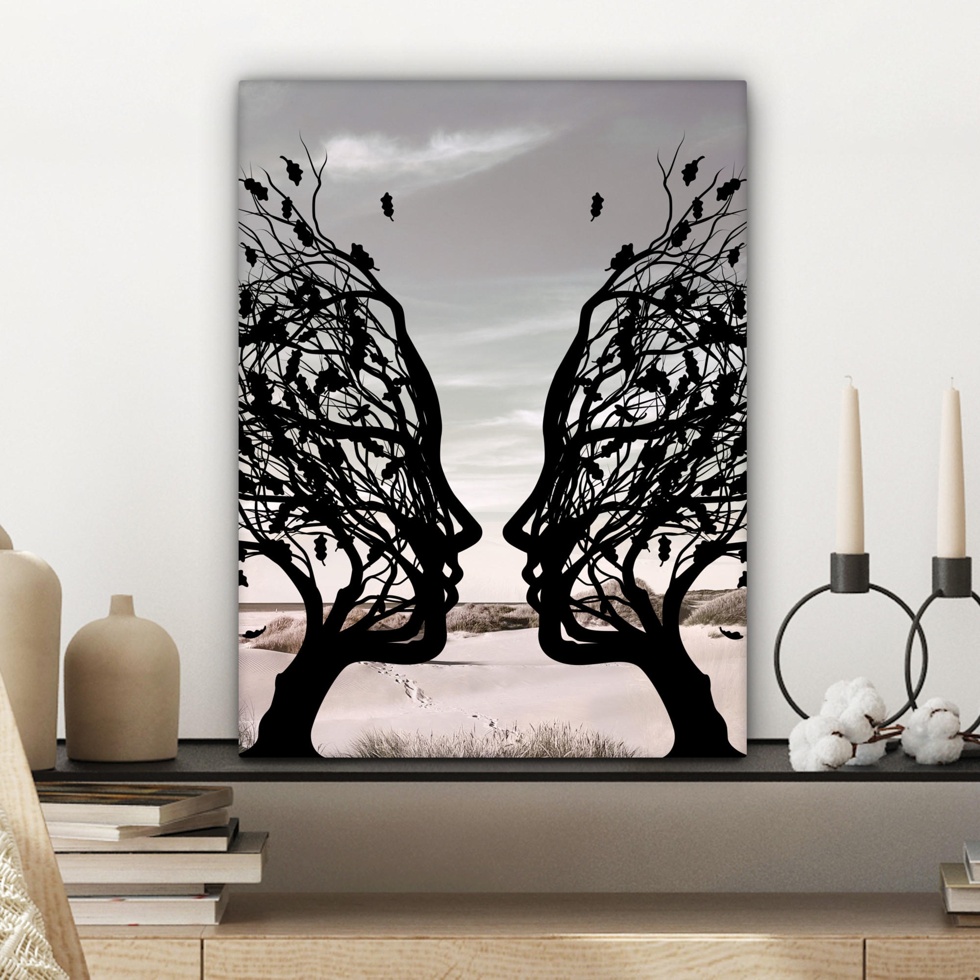 LEINWANDBILD Strand - Meer - Menschen - Baum - Moderne Kunst 30x40 cm - Hellgrau, Textil (30/40cm) - MuchoWow