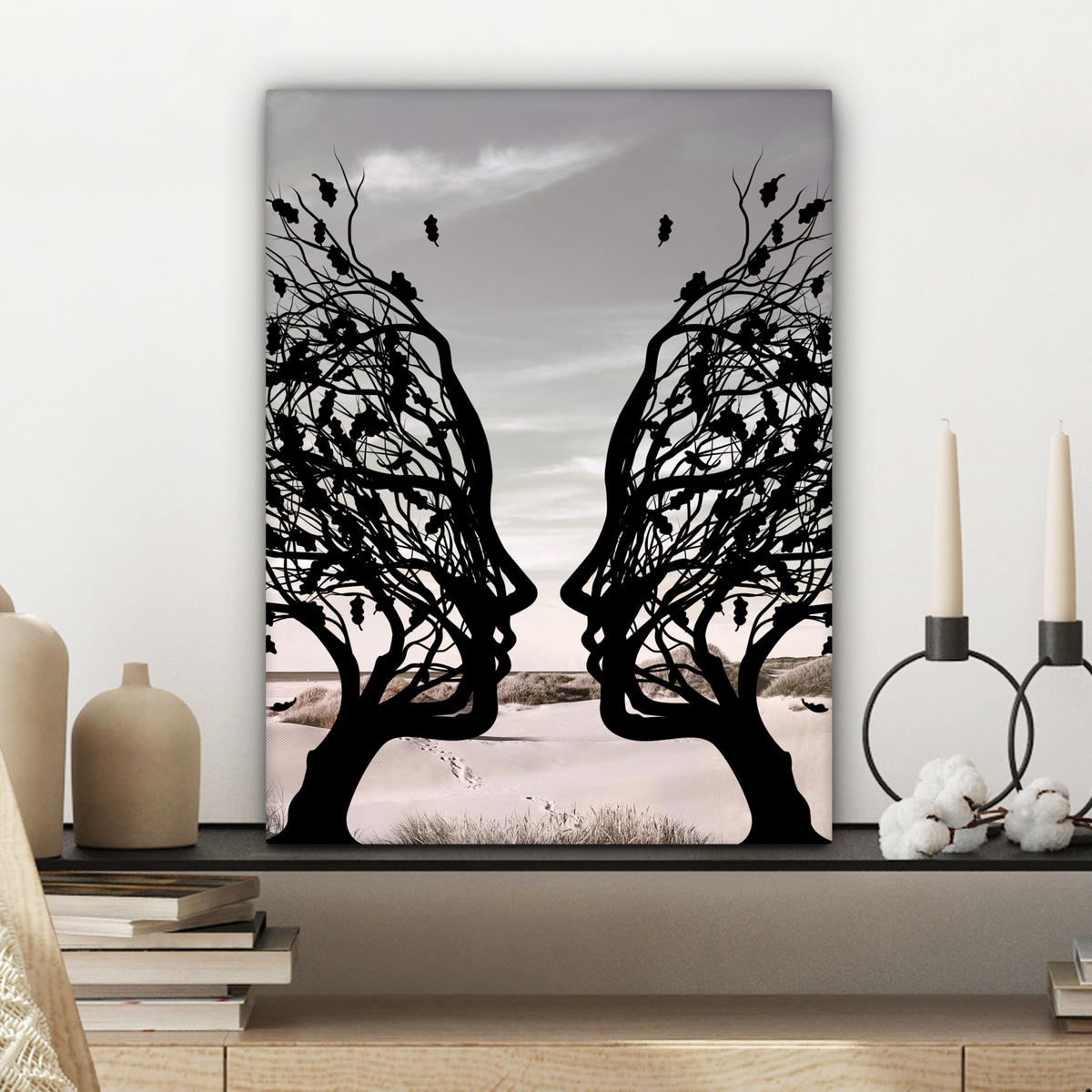 LEINWANDBILD Strand - Meer - Menschen - Baum - Moderne Kunst 30x40 cm - Hellgrau, Textil (30/40cm) - MuchoWow