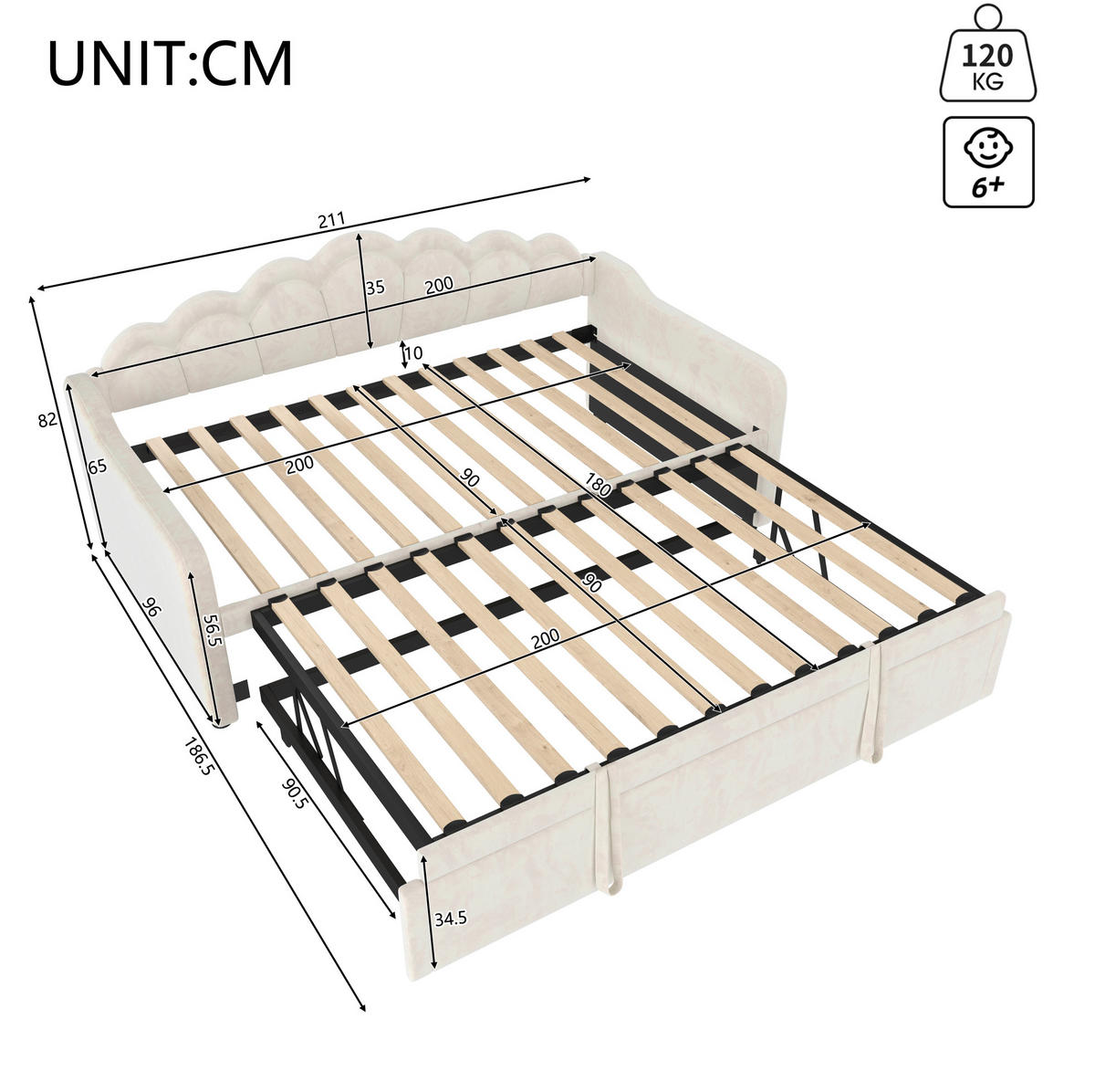 TAGESBETT aus Samt 90x200 cm Beige mit ausziehbarem Rollbett, LED-Beleuchtung und Liegefläche 180x200 cm - Beige, Textil (90/200cm) - IVMEU