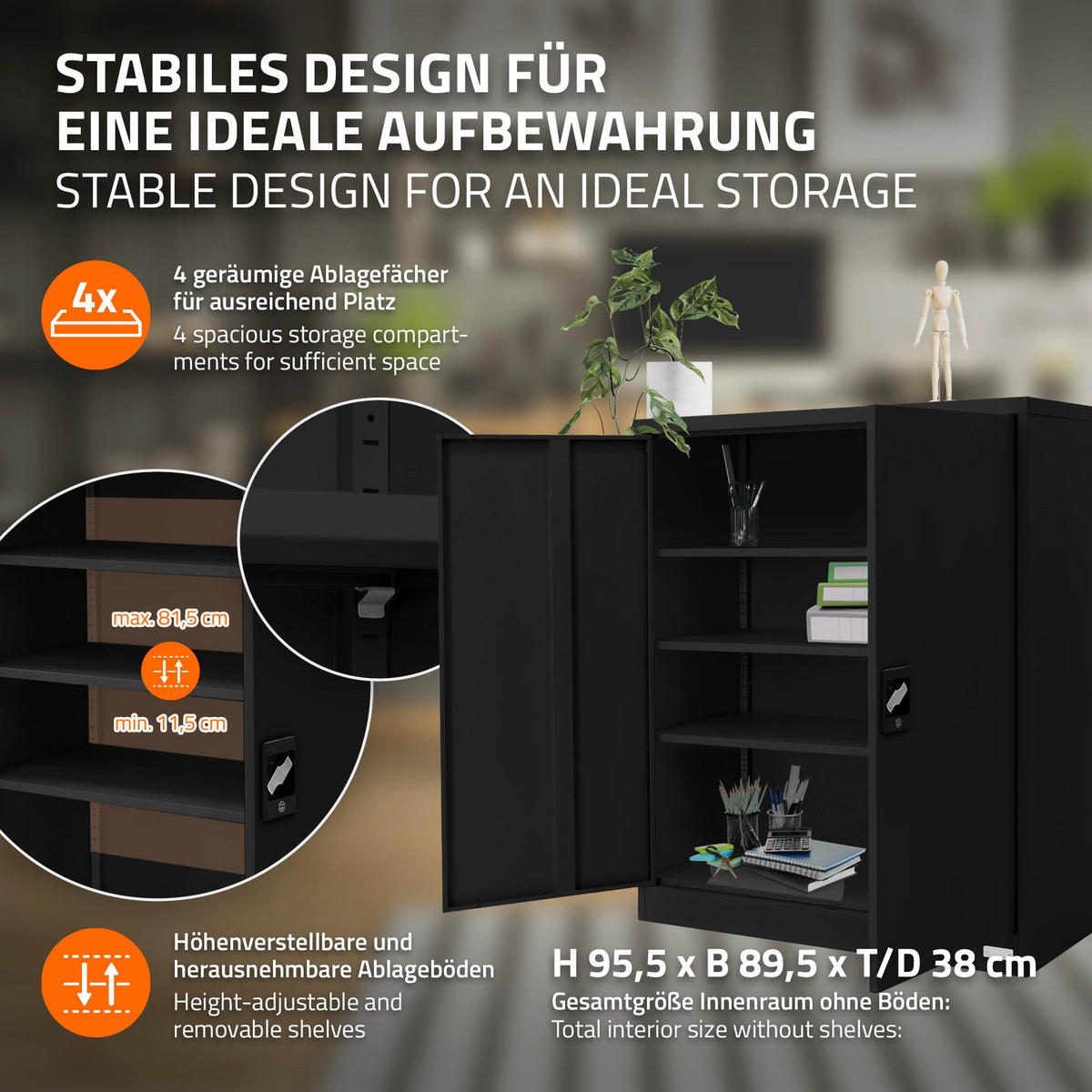 AKTENSCHRANK 90x40x109 cm Schwarz aus Stahl - Schwarz, Metall (40/109/90cm) - ML-DESIGN