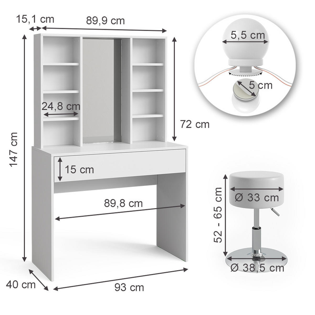 SCHMINKTISCH Alexa Weiß 93 cm mit LED Beleuchtung und Hocker - Weiß, Holzwerkstoff (93/147/40cm) - Vicco