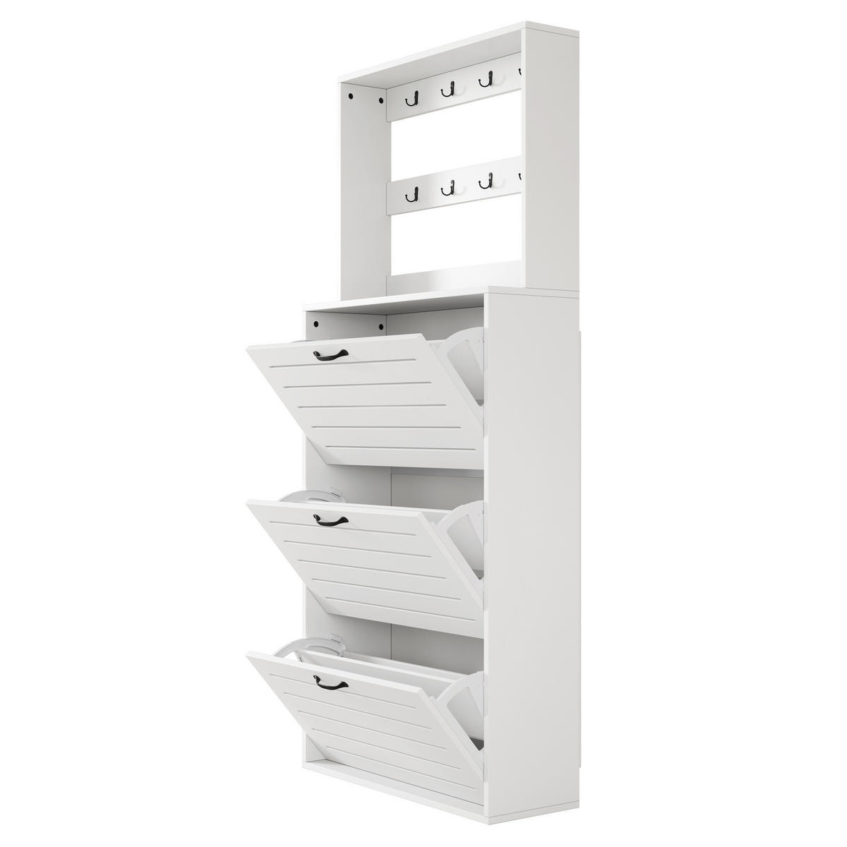 SCHUHSCHRANK in Weiß mit 3 Türen und Haken für Diele und Flur, B70/T25/H163 cm - Weiß, Holzwerkstoff/Metall (70/165/25cm) - STILVORA
