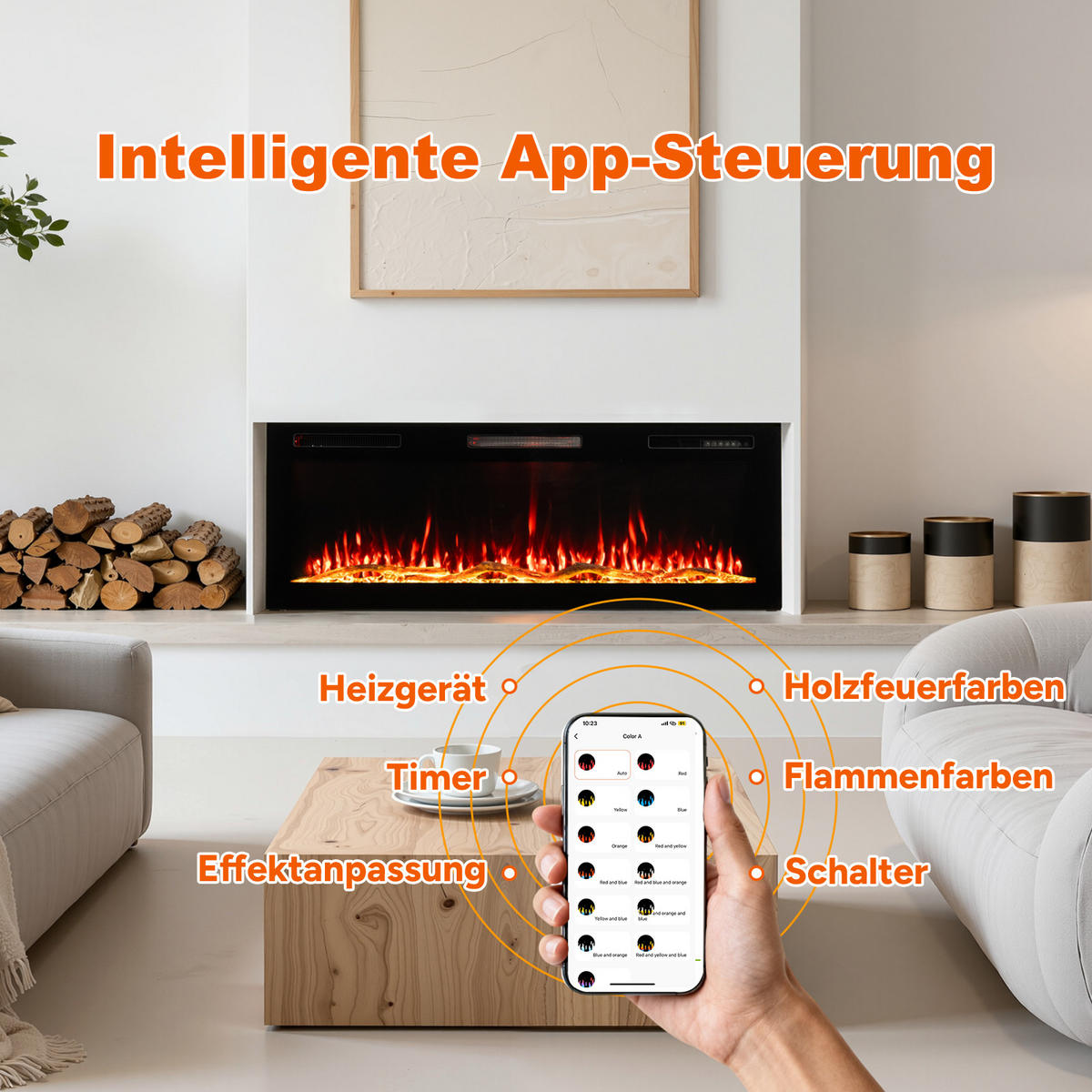 ELEKTROKAMIN mit Schrank, 1000W / 2000W Heizleistung, App-Steuerung - Schwarz, Metall (127/46/11.3cm) - HOMAVO