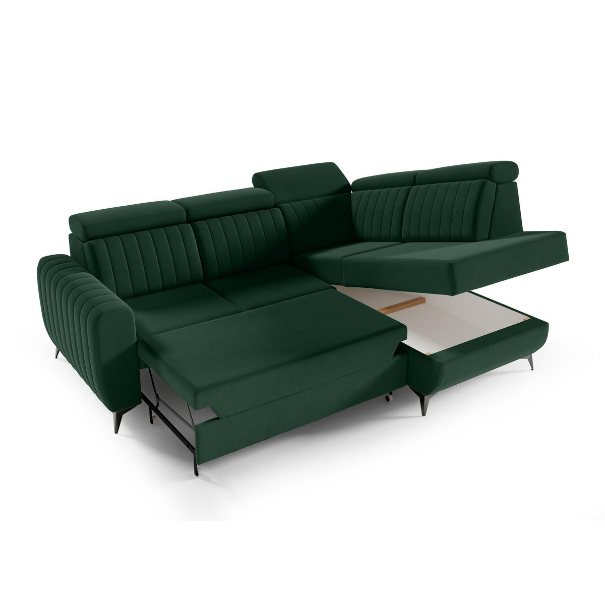 ECKSCHLAFSOFA Connor II verstellbare Kopfstützen, Dunkelgrün, rechts - Dunkelgrün/Schwarz, Textil (268/204cm) - Beautysofa