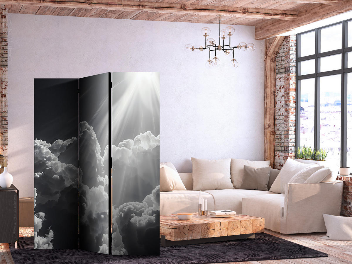 PARAVENT Einseitig Bedruckter 3-tlg 135x172 cm Schwarz-Wei er Himme - Schwarz, Holz/Textil (135/172/3cm) - Muralo