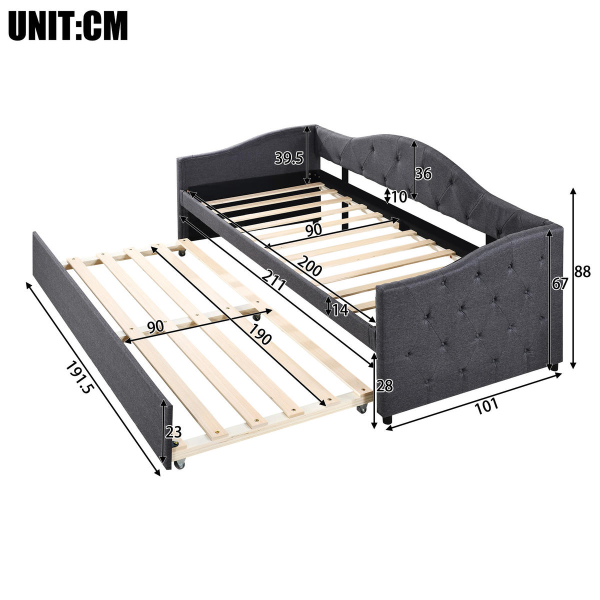 TAGESBETT mit ausziehbarem Rollbett 90x200 cm Leinen Gray - Grau, Holz (90/200cm) - Meubliv