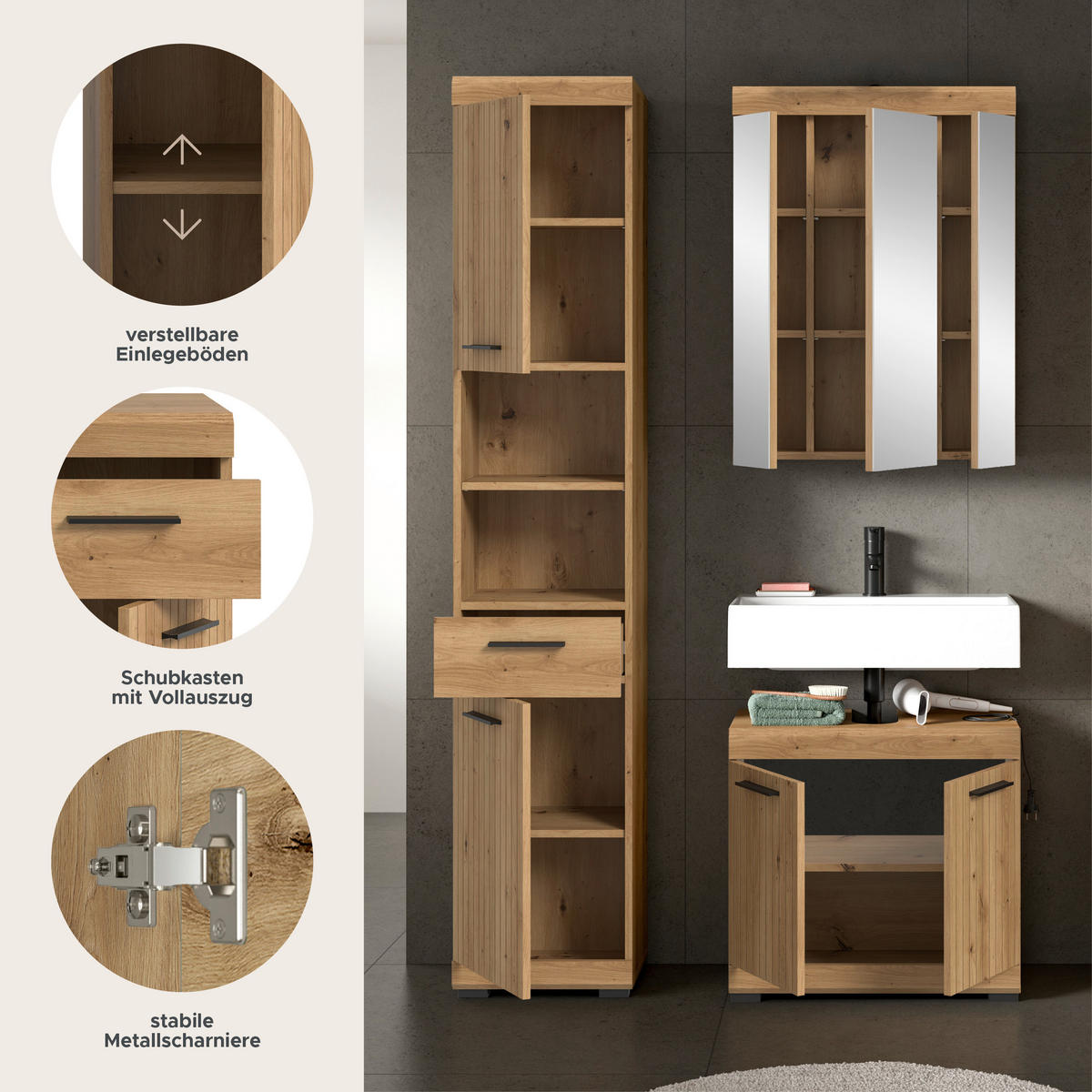 BADEZIMMER Vento 3-tlg. (B/H/T: ca. 112/191/34 cm) in Artisan Eiche /Artisan Eiche - Eiche Artisan, Holz (112/191/34cm)