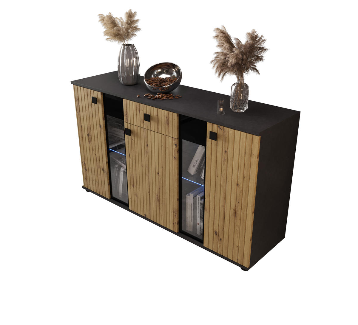 KOMMODE London LSMK LAMELE mit 3 Türen, Sideboard in Farbe: Braun|Schwarz, Größe: 140 x 80 x 40 cm - Schwarz/Braun, Holzwerkstoff (140/80/40cm) - O-Sofa