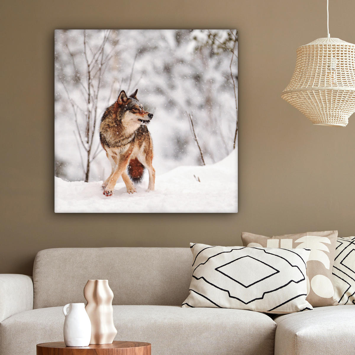 LEINWANDBILD Wolf - Winter - Schnee - Natur - Tiere 90x90 cm - Haselnussfarben, Textil (90/90cm) - MuchoWow