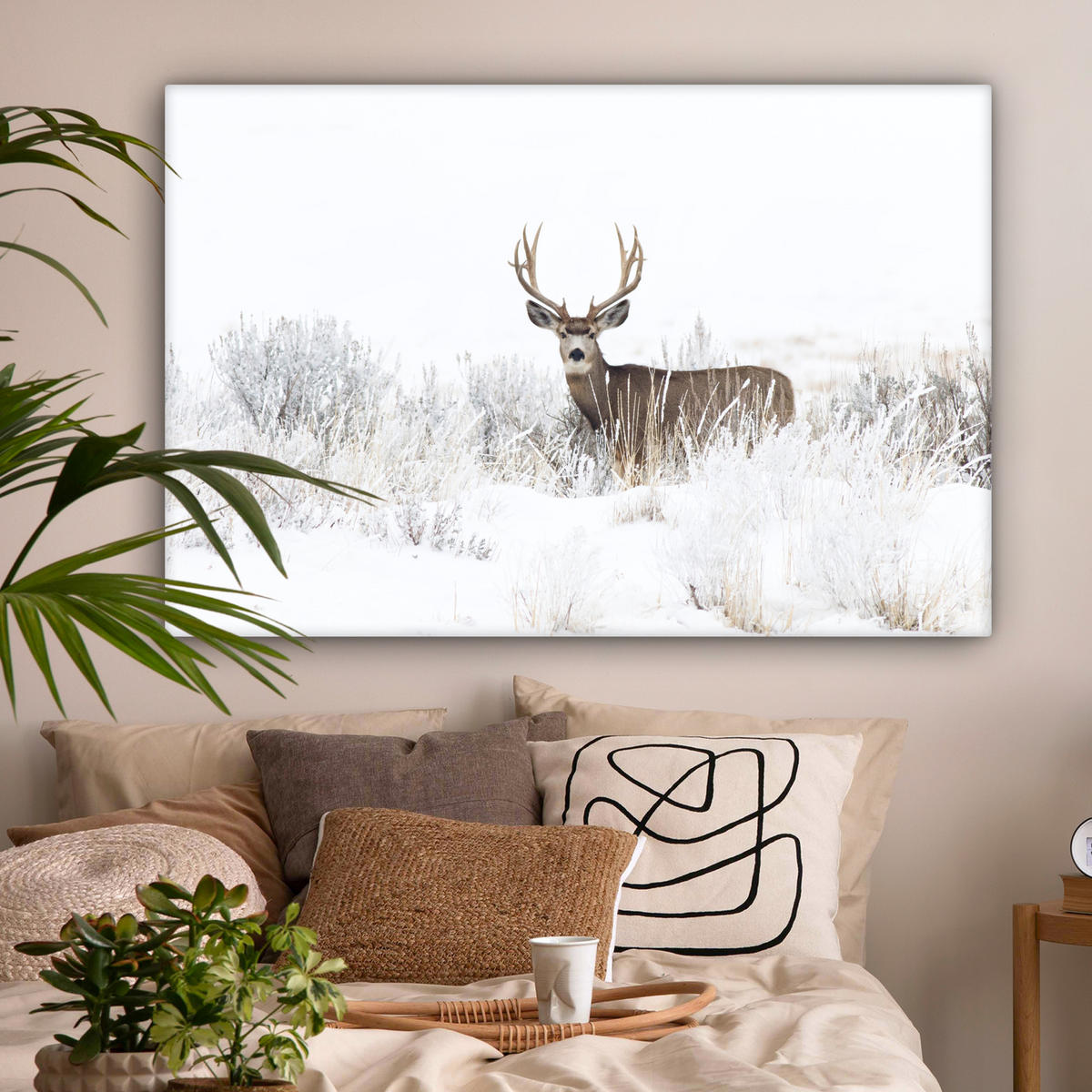 LEINWANDBILD Hirsche - Winter - Schnee - Tiere - Jahreszeiten - Weiß XXL 150x100 cm - Hellbraun, Textil (150/100cm) - MuchoWow