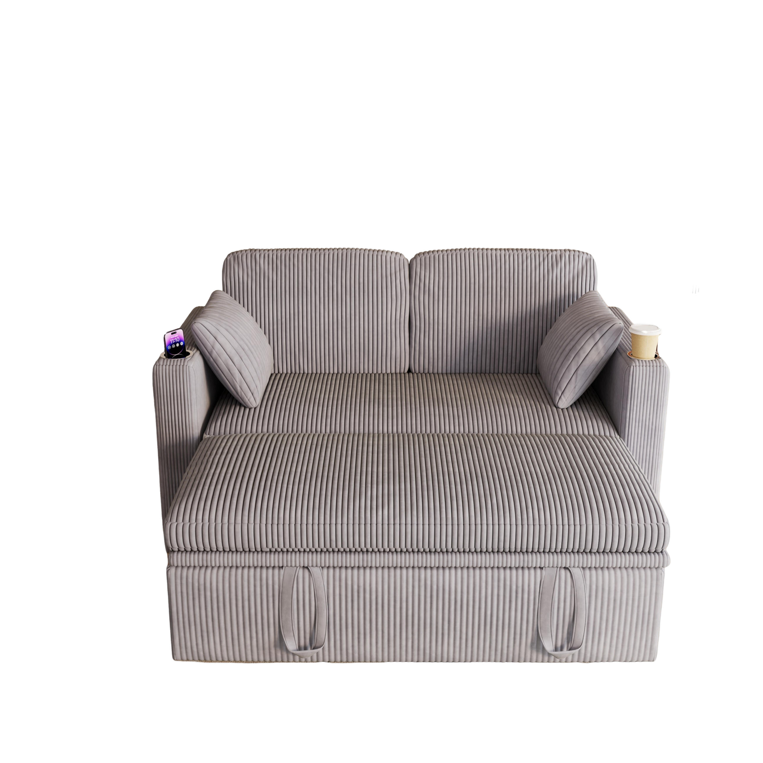 SCHLAFSOFA 145/72/85,5 cm Grau Cordbezug mit Getränkehalter, kleinem Tisch und Aufbewahrungstasche - Grau, Textil (72/85.5/145cm) - Oxeza