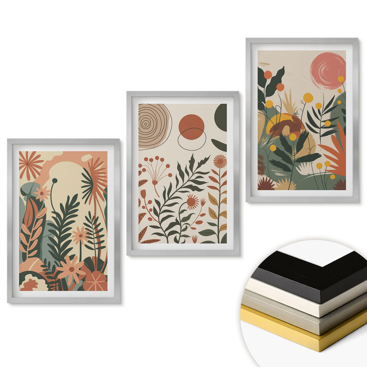 WANDBILDER 3er Set - 40x60 cm Silberner Rahmen - Vintage-Pflanzenmuster in Pastellfarben - Silberfarben, Kunststoff (40/60cm) - ArtPrintCave