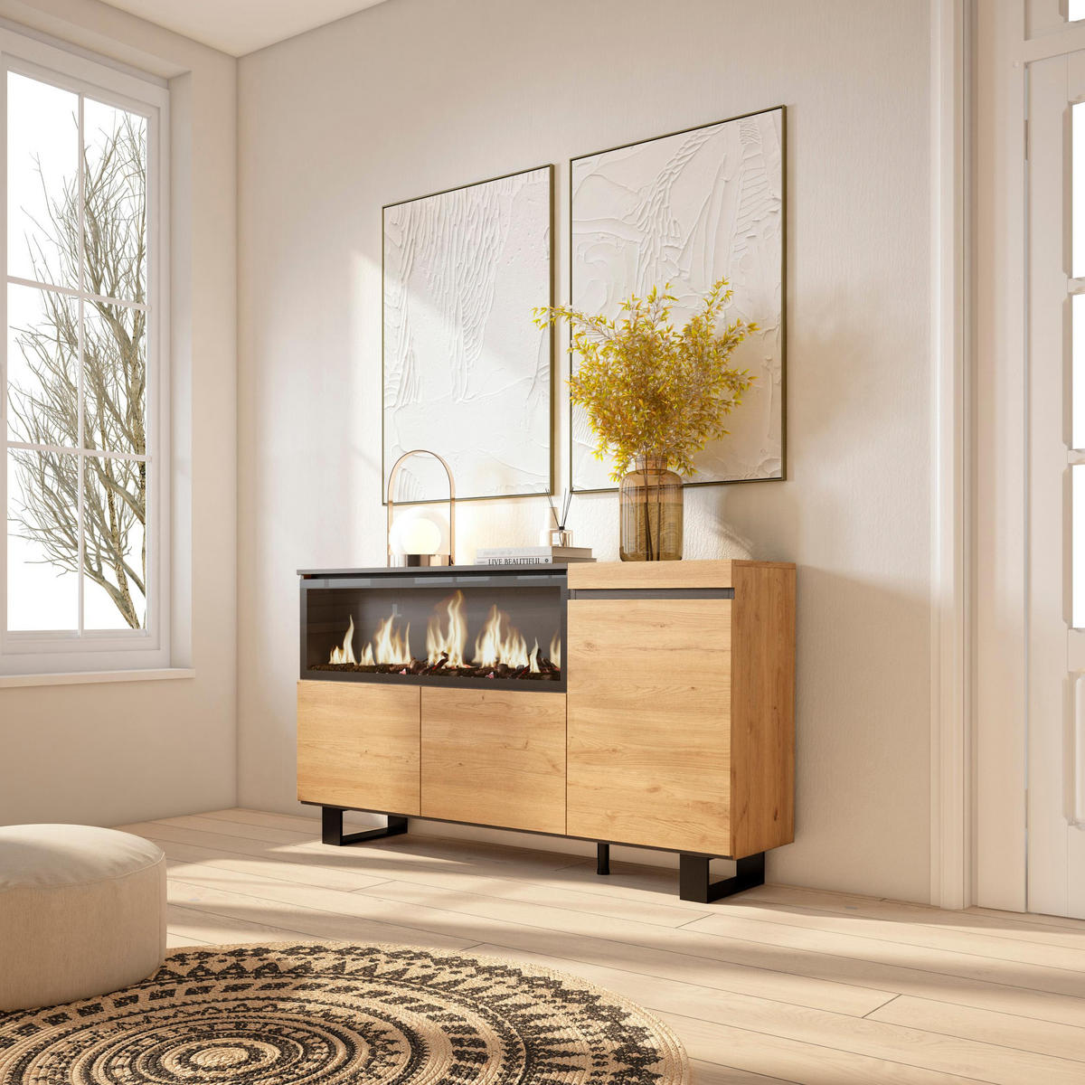 SIDEBOARD Highboard, Elektrokamin XXL, eiche, 158/35/87cm - Eichefarben, Holzwerkstoff (158/87/35cm) - Skraut Home