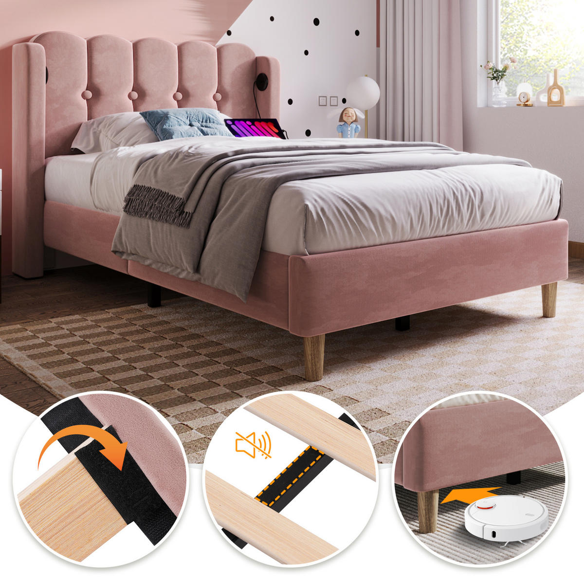 POLSTERBETT 90/200 cm Rosa aus Samt mit Matratze und USB- und Type-C-Anschlüssen - Rosa, Textil (90/200cm) - Flora Grace