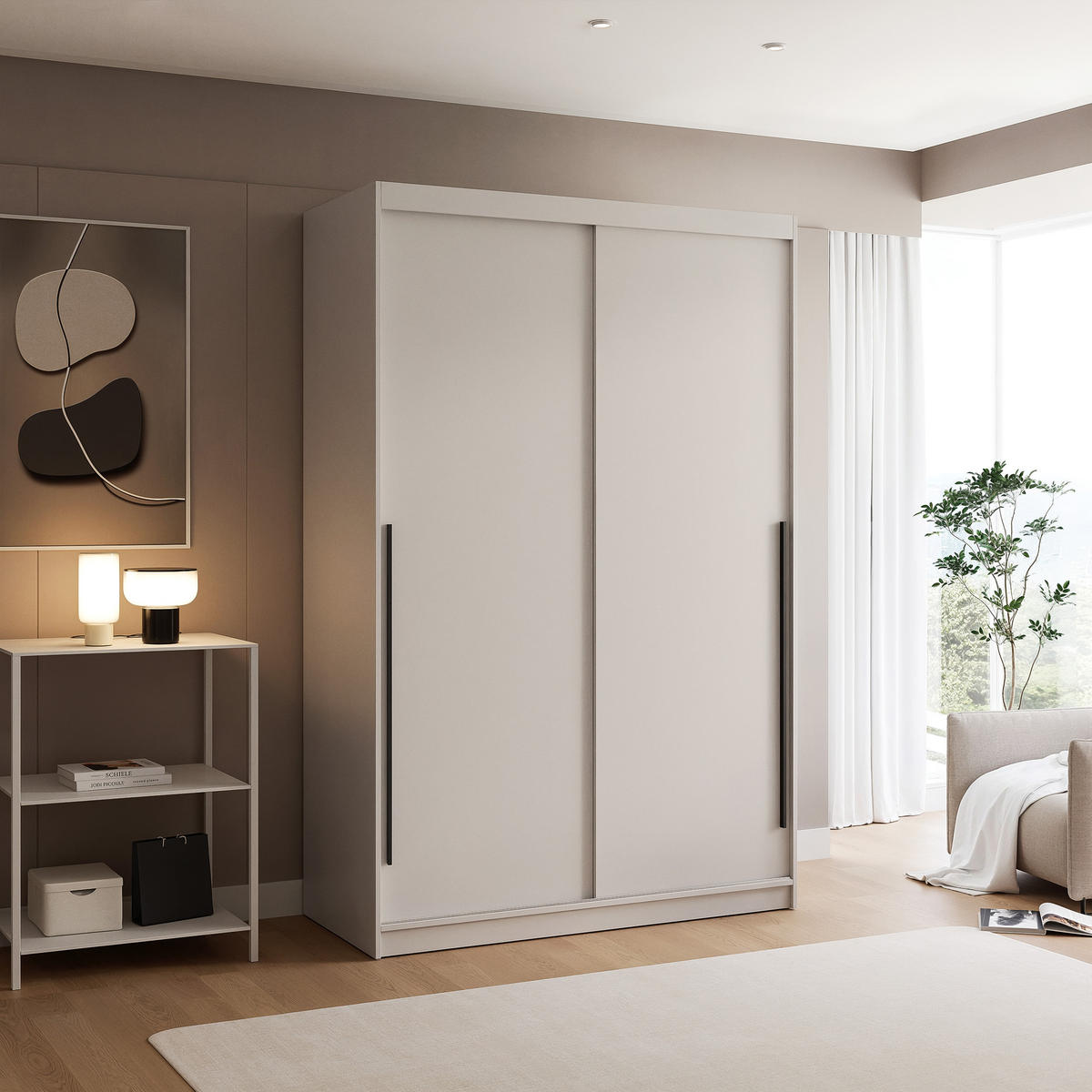 SCHIEBETÜRENSCHRANK SILENTE 140 cm mit Einlegeböden und Kleiderstange - Beige, Holzwerkstoff (140/205/60cm) - Idohome