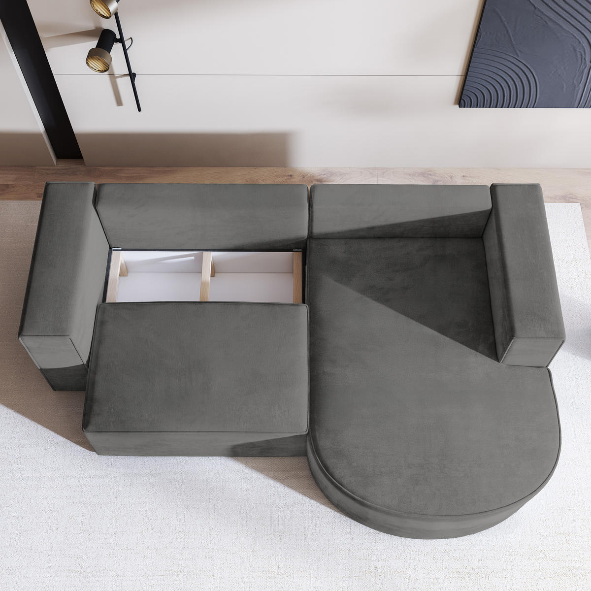 ECKSOFA SORELA M R-S Grau Velours-Stoff mit Schlaffunktion - Grau, Holz (263/174cm) - MASSENO