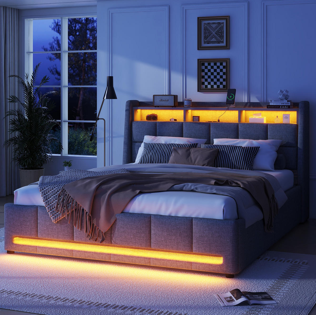 POLSTERBETT mit LED, USB und 2 Schubladen 140x200 cm Leinen Grau - Grau, Holz (140/200cm) - Meubliv