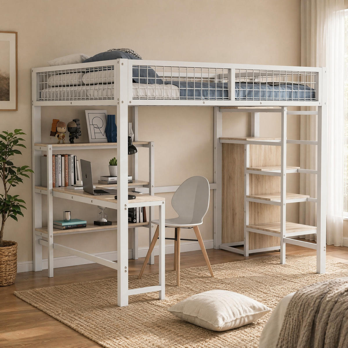 HOCHBETT 140/200 cm Weiß aus Metall und MDF mit Schreibtisch und Kleiderschrank - Weiß, Metall (140/200cm) - OKMYHOME