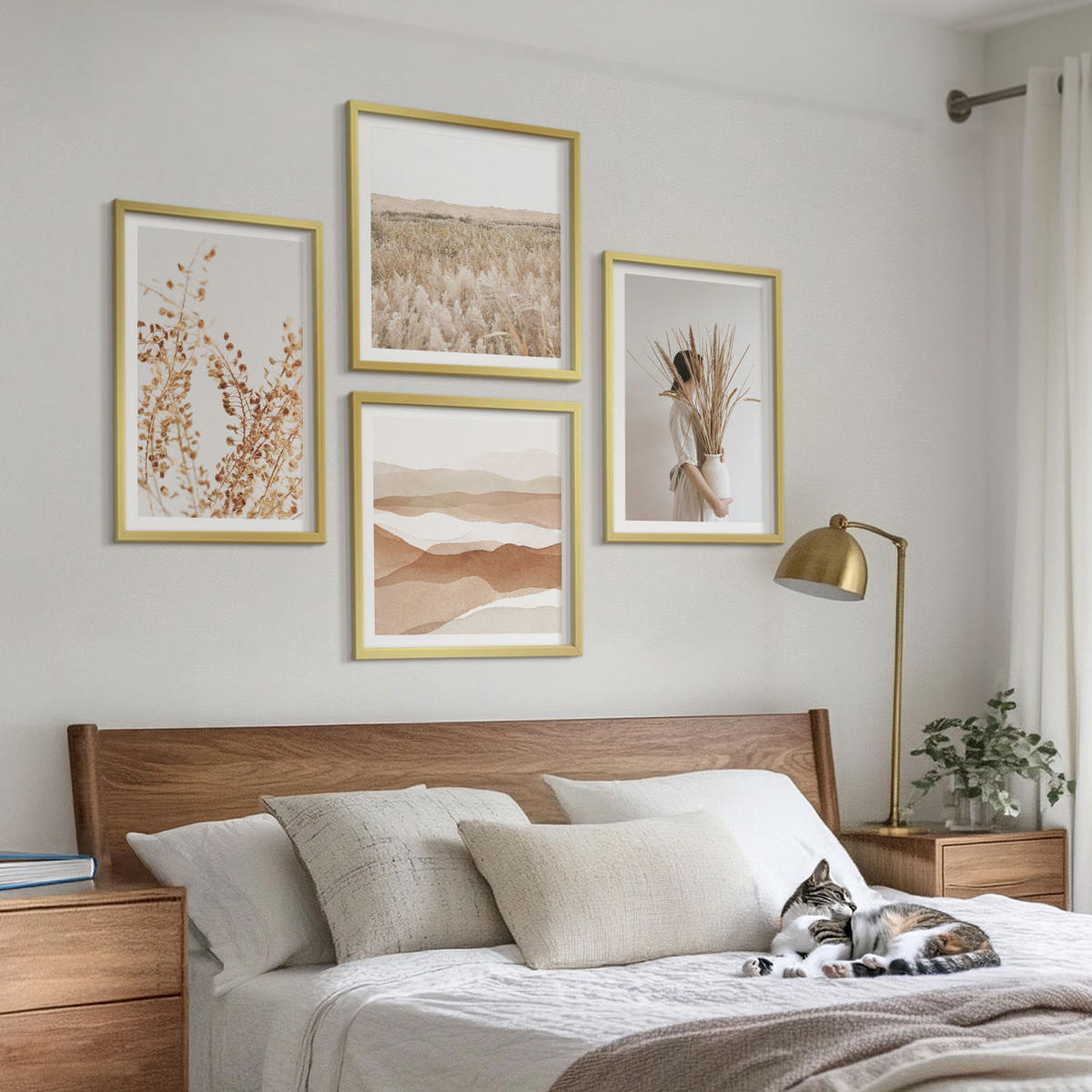 BILDER SET 4er Set - 50x50 cm & 40x60 cm Goldrahmen - Pflanzenmotive im Boho-Stil - Goldfarben, Kunststoff (50/50cm) - TULUP
